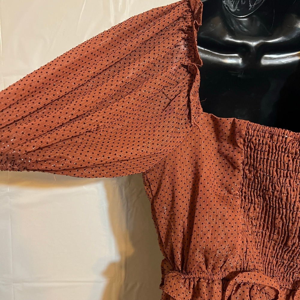 By The River Brown Polka Dot Puff Sleeve Dress Small Smocked Back - Picture 8 of 12